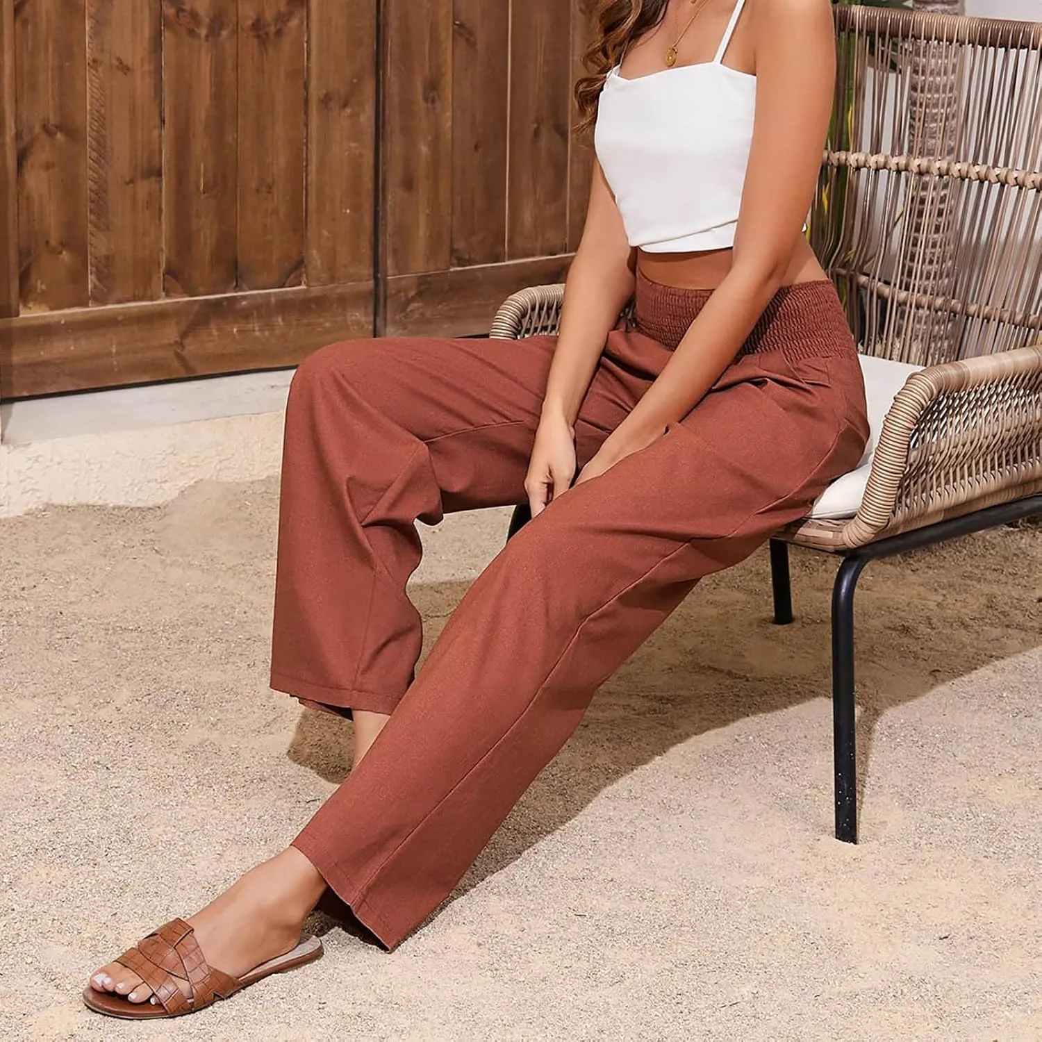 Elastic Waist Dress Pants Women Tummy Control Casual Baggy Linen Wide Leg Pants Summer Lounge Pants with Pockets