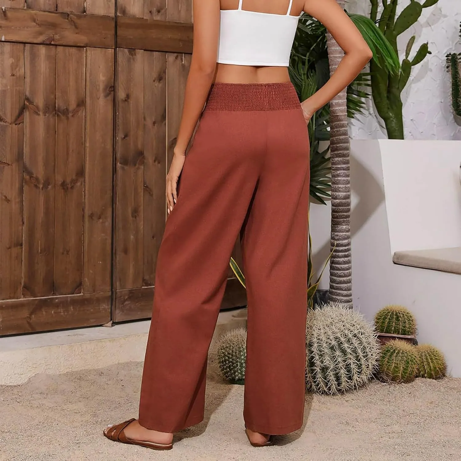 Elastic Waist Dress Pants Women Tummy Control Casual Baggy Linen Wide Leg Pants Summer Lounge Pants with Pockets