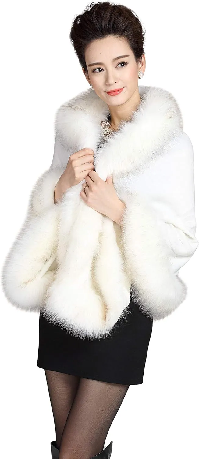 ELFJOY Bridal Faux Fur Shawl White Fur Coat Women Faux Fur Wrap for Evening Dresses Luxury Fur Cape for Wedding Evening Party