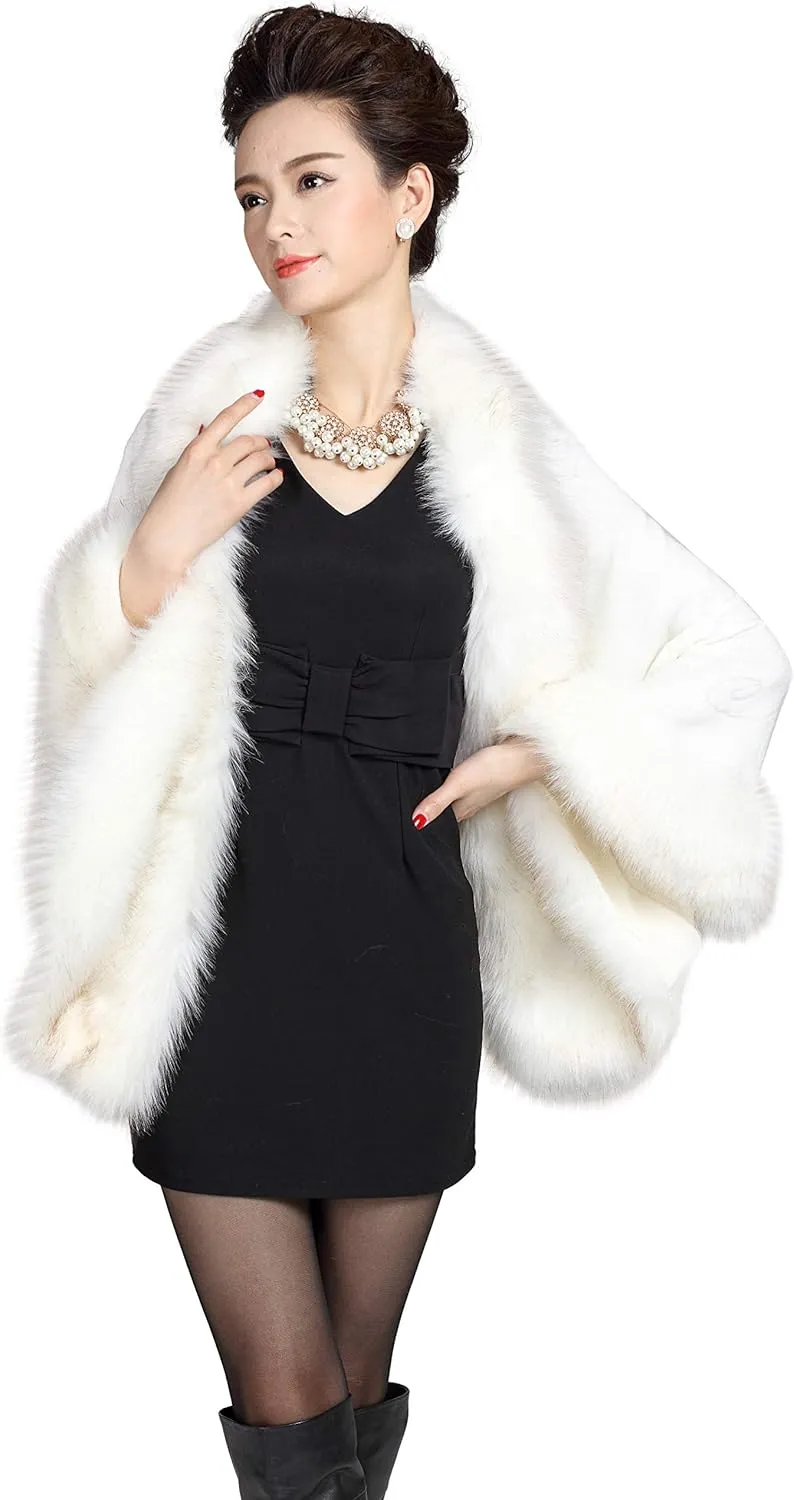 ELFJOY Bridal Faux Fur Shawl White Fur Coat Women Faux Fur Wrap for Evening Dresses Luxury Fur Cape for Wedding Evening Party