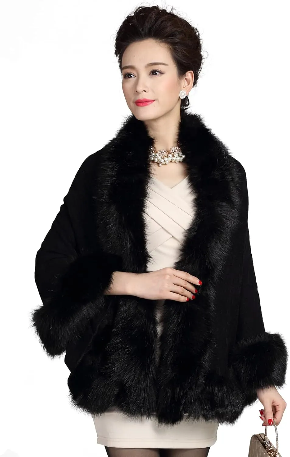 ELFJOY Bridal Faux Fur Shawl White Fur Coat Women Faux Fur Wrap for Evening Dresses Luxury Fur Cape for Wedding Evening Party