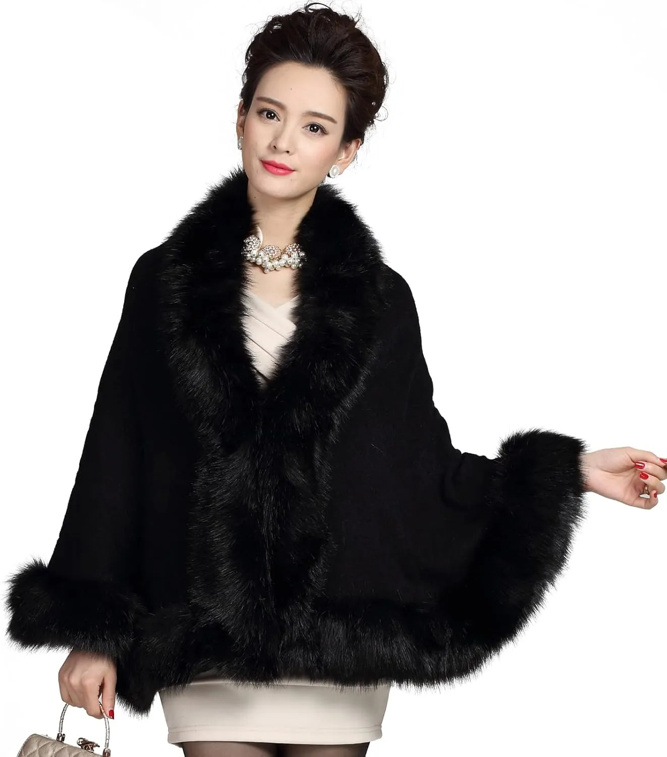 ELFJOY Bridal Faux Fur Shawl White Fur Coat Women Faux Fur Wrap for Evening Dresses Luxury Fur Cape for Wedding Evening Party