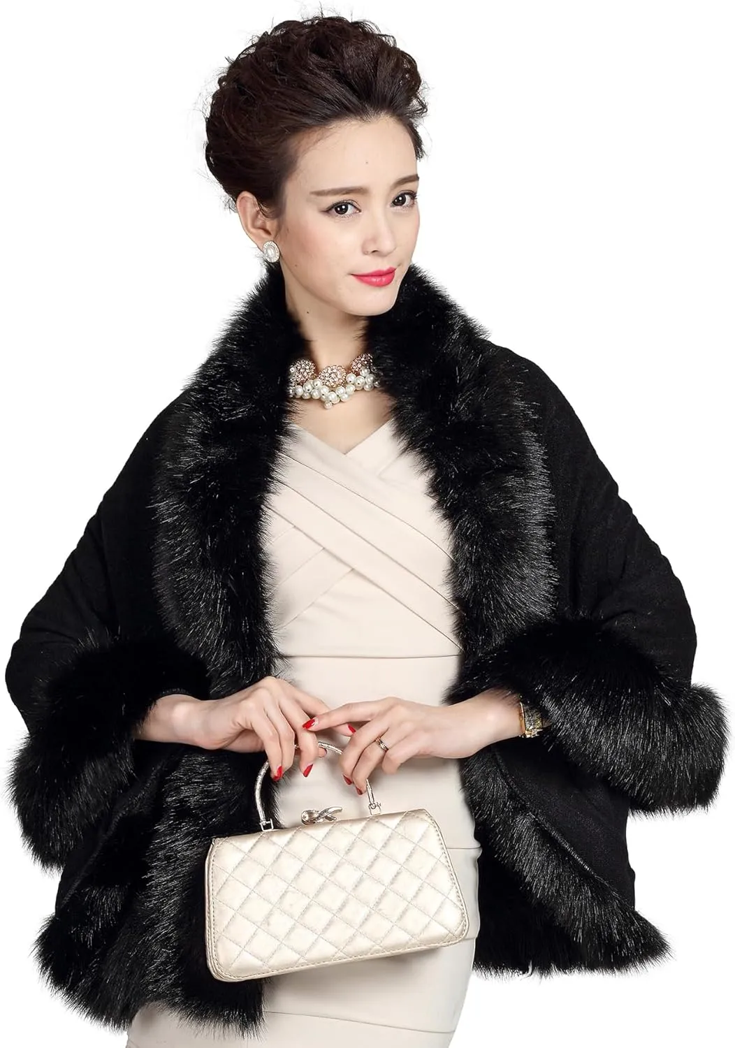 ELFJOY Bridal Faux Fur Shawl White Fur Coat Women Faux Fur Wrap for Evening Dresses Luxury Fur Cape for Wedding Evening Party