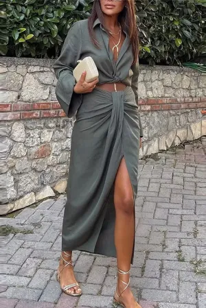 elveswallet Long Sleeve Bow Shirt & Side Split Pleated Skirt Suits
