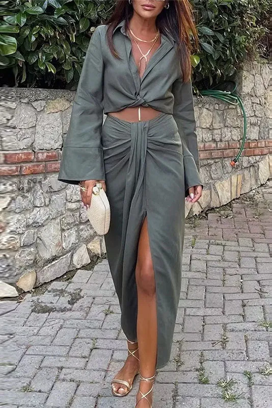 elveswallet Long Sleeve Bow Shirt & Side Split Pleated Skirt Suits