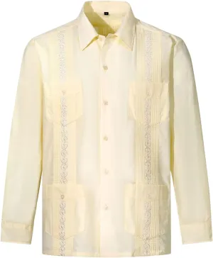 Embroidery Shirts for Men Patterns Cuban Guayabera Long Sleeve Wedding Beach Bartender Casual Blouse with Pockets