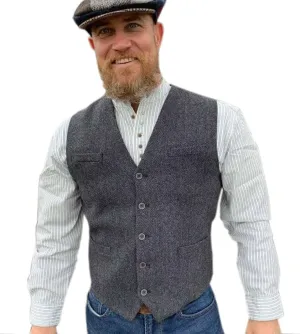 Emerald Isle Men's Herringbone Tweed Vest, 5-Button Closure, Wool Blend, Adjustable Back Strap