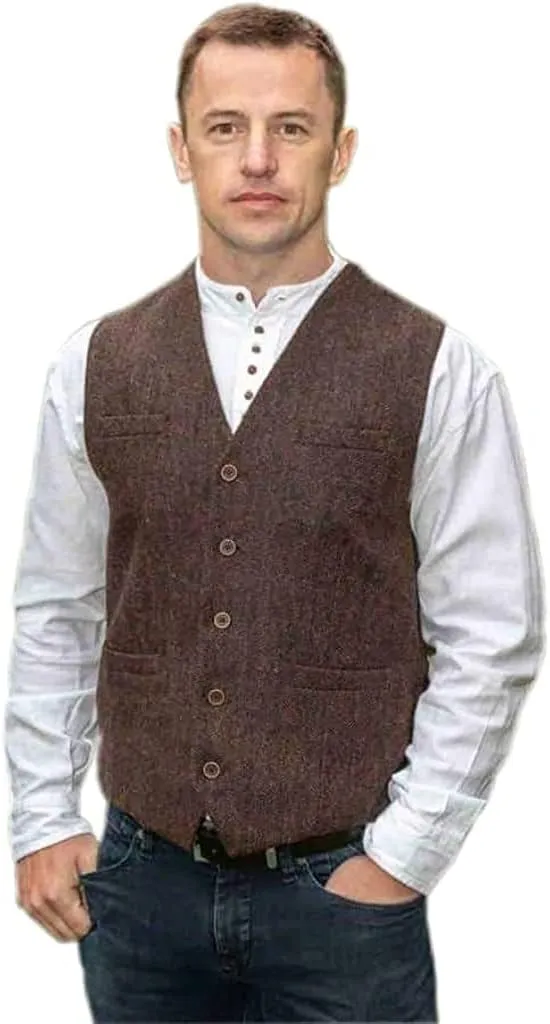Emerald Isle Men's Herringbone Tweed Vest, 5-Button Closure, Wool Blend, Adjustable Back Strap