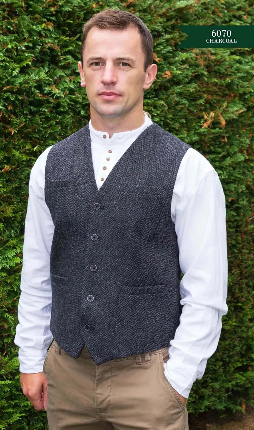Emerald Isle Men's Herringbone Tweed Vest, 5-Button Closure, Wool Blend, Adjustable Back Strap