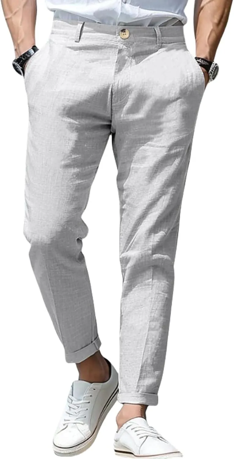 evzosrz Men's Slim-Fit Chino Jogger Pant, Cotton Linen Straight Trousers Casual Flat Front Design Comfortable Pants for Men