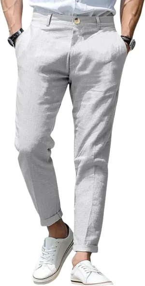 evzosrz Men's Slim-Fit Chino Jogger Pant, Cotton Linen Straight Trousers Casual Flat Front Design Comfortable Pants for Men