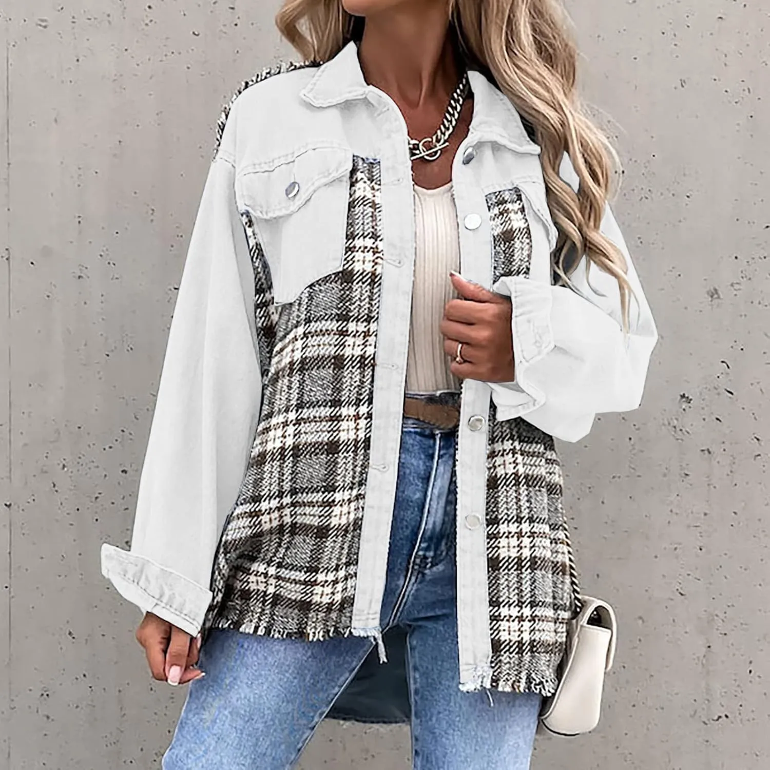 Fall Fashion Denim Jacket For Women 2023 Casual Long Sleeve Plaid Button Down Jean Shirts Shacket Jacket