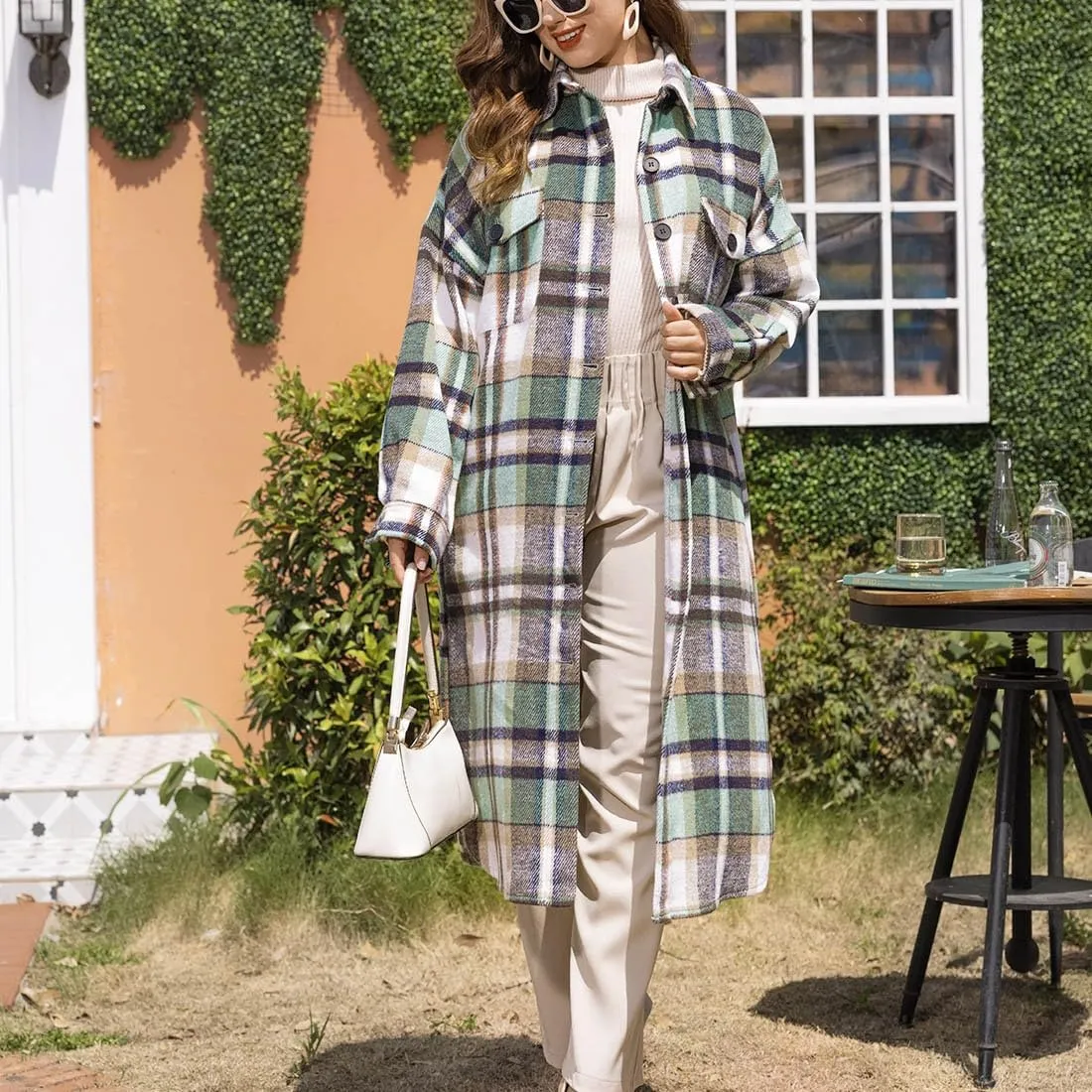 Fall Peacoat Womens Coat Classic Flannel Plaid Long Jackets Wool Blend Lapel Collar Trench Coat Single-Breasted Pea Coat
