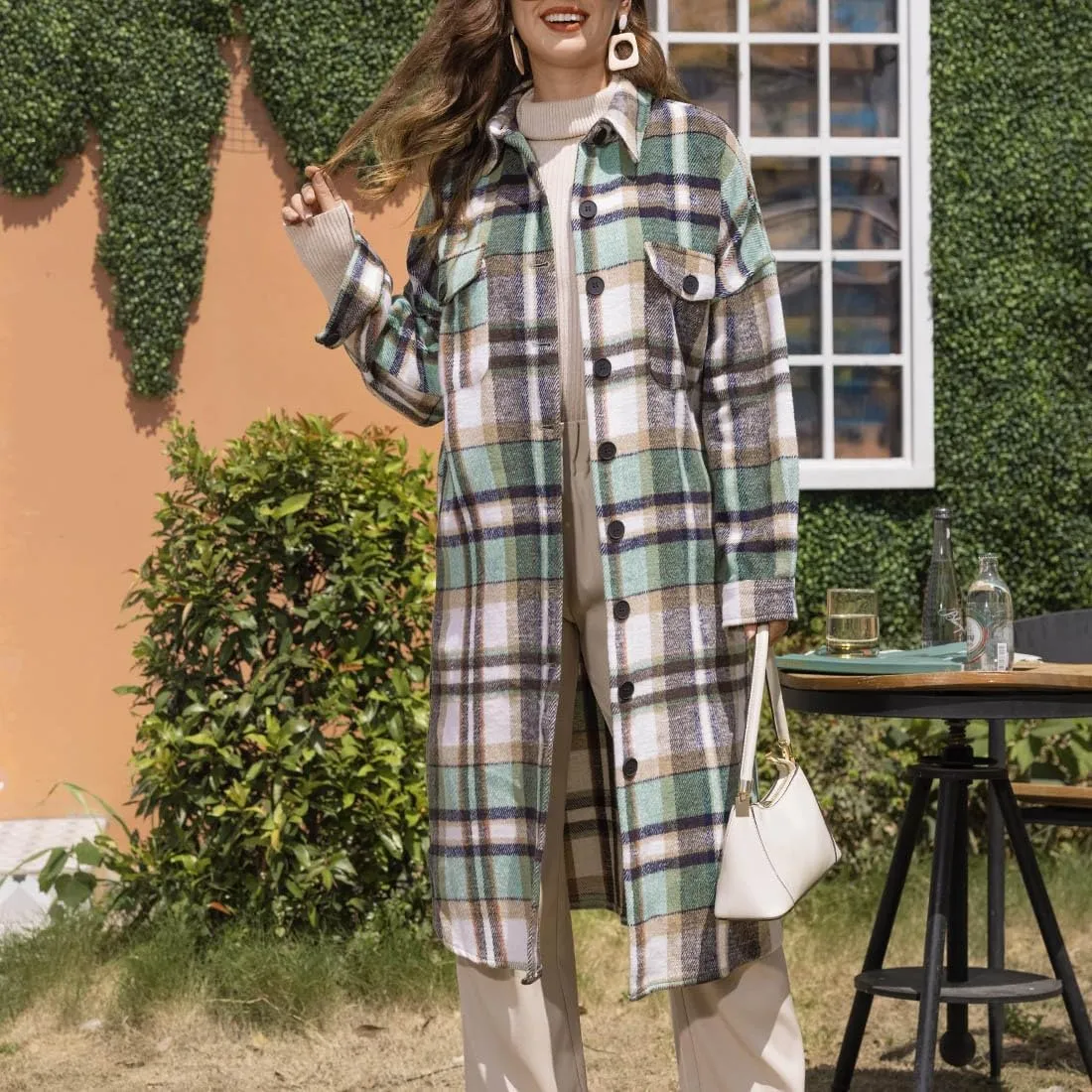 Fall Peacoat Womens Coat Classic Flannel Plaid Long Jackets Wool Blend Lapel Collar Trench Coat Single-Breasted Pea Coat