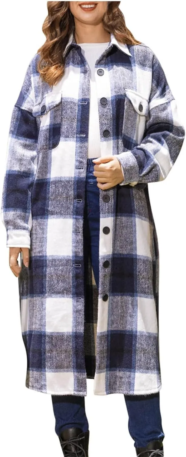 Fall Peacoat Womens Coat Classic Flannel Plaid Long Jackets Wool Blend Lapel Collar Trench Coat Single-Breasted Pea Coat