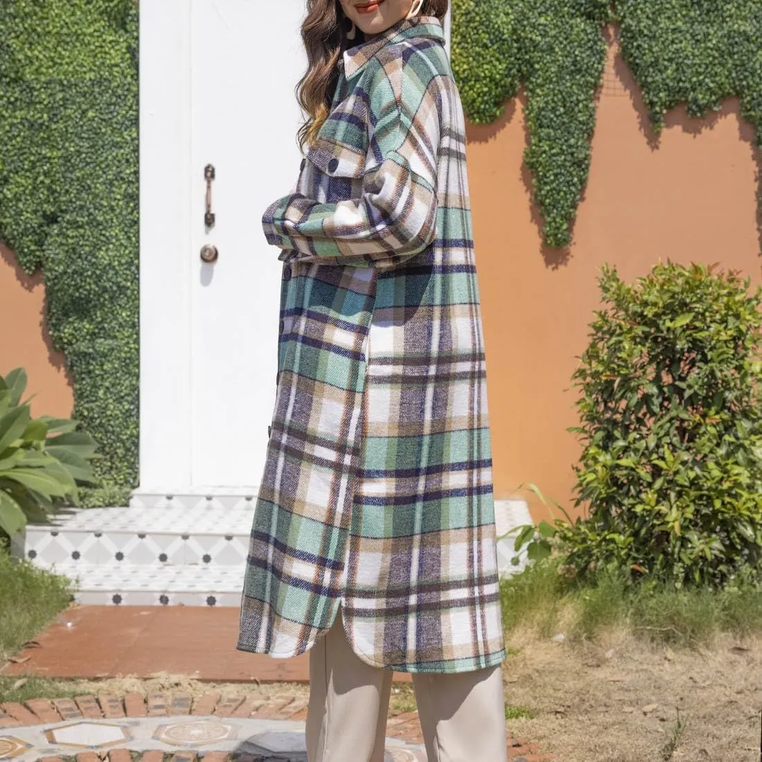 Fall Peacoat Womens Coat Classic Flannel Plaid Long Jackets Wool Blend Lapel Collar Trench Coat Single-Breasted Pea Coat