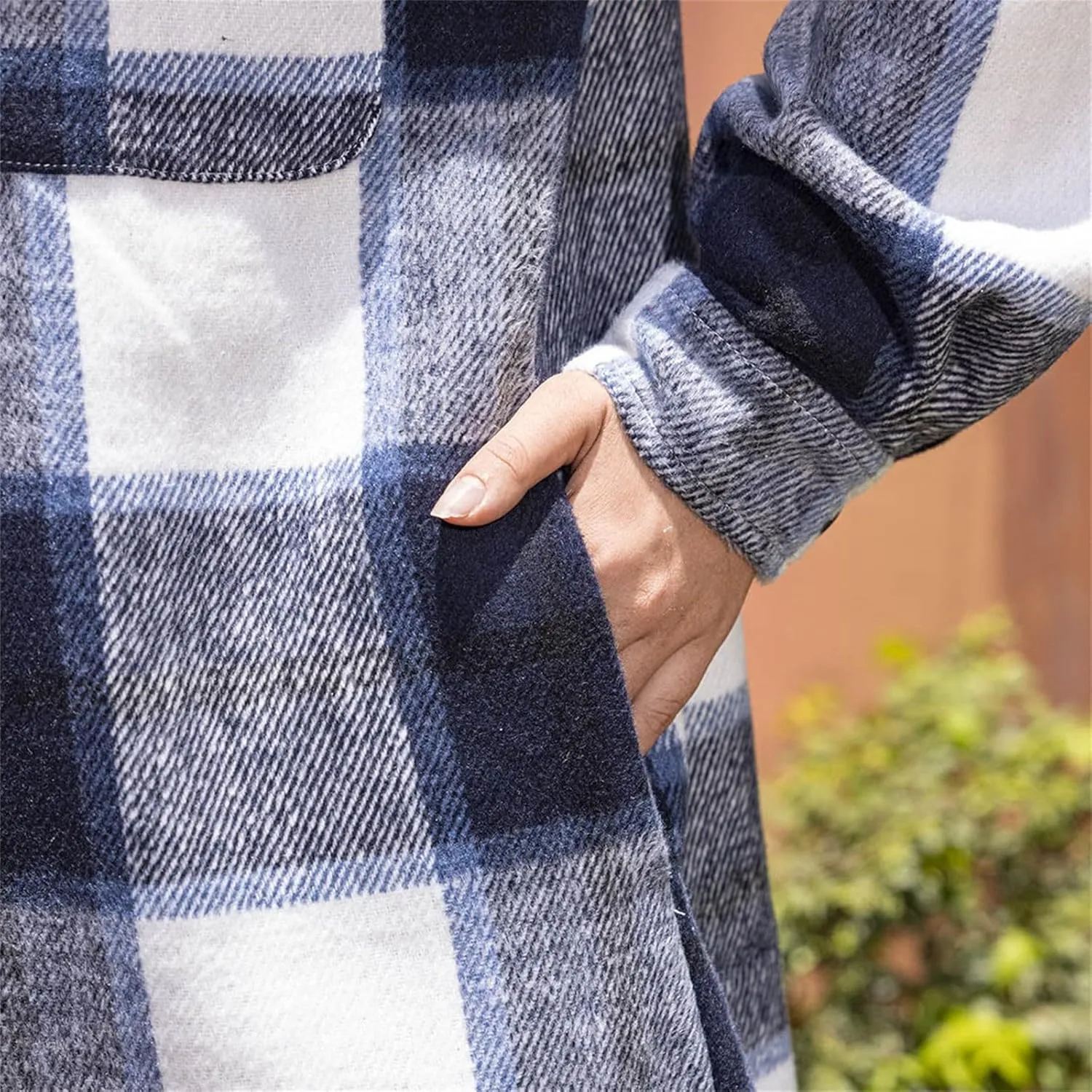 Fall Peacoat Womens Coat Classic Flannel Plaid Long Jackets Wool Blend Lapel Collar Trench Coat Single-Breasted Pea Coat