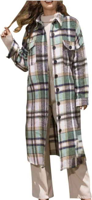 Fall Peacoat Womens Coat Classic Flannel Plaid Long Jackets Wool Blend Lapel Collar Trench Coat Single-Breasted Pea Coat