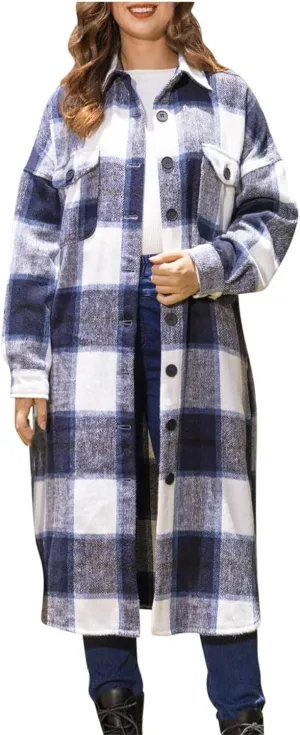 Fall Peacoat Womens Coat Classic Flannel Plaid Long Jackets Wool Blend Lapel Collar Trench Coat Single-Breasted Pea Coat