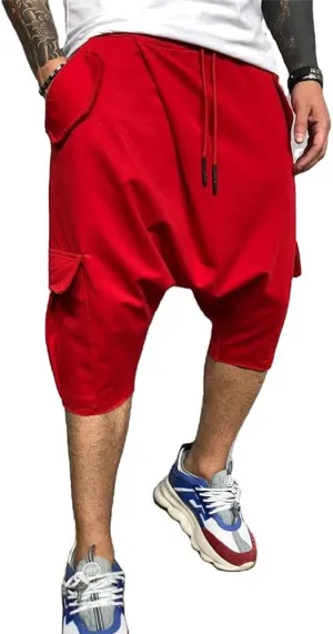 Familyhouse 3/4 Mens Hippie Pants Drop Crotch Harem Pants Genie Pants Mens Capri Cotton Baggy Shorts Wide Leg Trousers