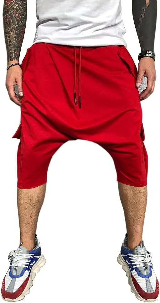Familyhouse 3/4 Mens Hippie Pants Drop Crotch Harem Pants Genie Pants Mens Capri Cotton Baggy Shorts Wide Leg Trousers