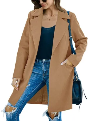 Fazortev Womens Casual Long Sleeve Wool Blend Pea Coat Lapel Notched Collar Warm Midi Jacket Overcoat