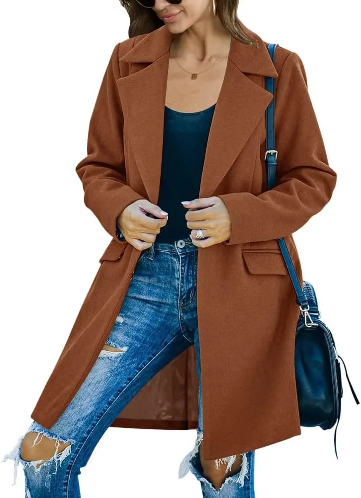 Fazortev Womens Casual Long Sleeve Wool Blend Pea Coat Lapel Notched Collar Warm Midi Jacket Overcoat