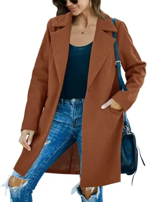 Fazortev Womens Casual Long Sleeve Wool Blend Pea Coat Lapel Notched Collar Warm Midi Jacket Overcoat