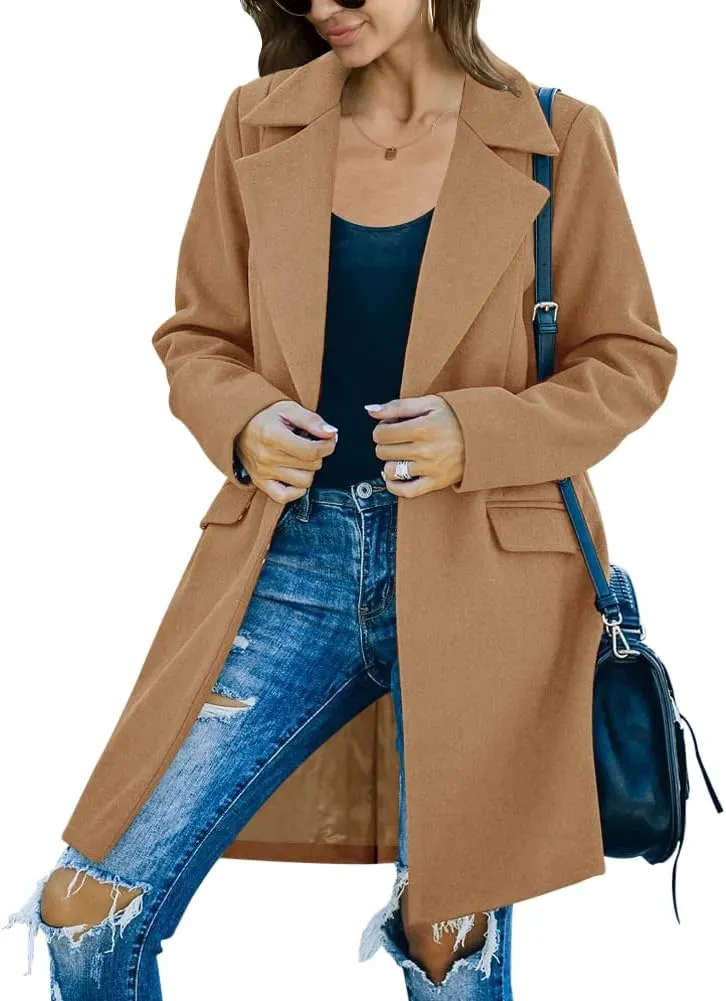 Fazortev Womens Casual Long Sleeve Wool Blend Pea Coat Lapel Notched Collar Warm Midi Jacket Overcoat