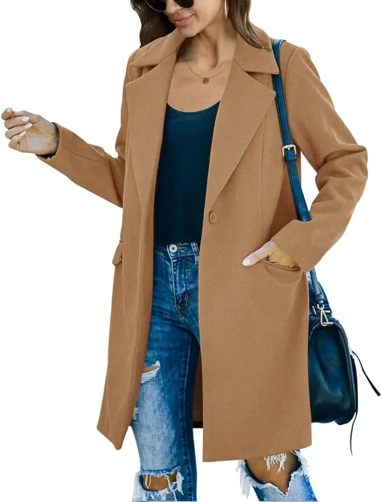 Fazortev Womens Casual Long Sleeve Wool Blend Pea Coat Lapel Notched Collar Warm Midi Jacket Overcoat