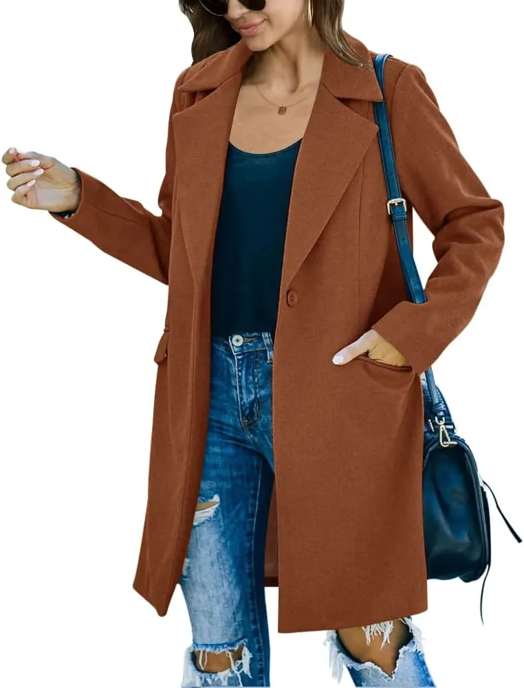 Fazortev Womens Casual Long Sleeve Wool Blend Pea Coat Lapel Notched Collar Warm Midi Jacket Overcoat