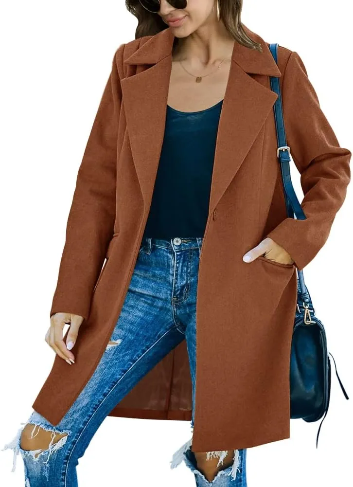 Fazortev Womens Casual Long Sleeve Wool Blend Pea Coat Lapel Notched Collar Warm Midi Jacket Overcoat