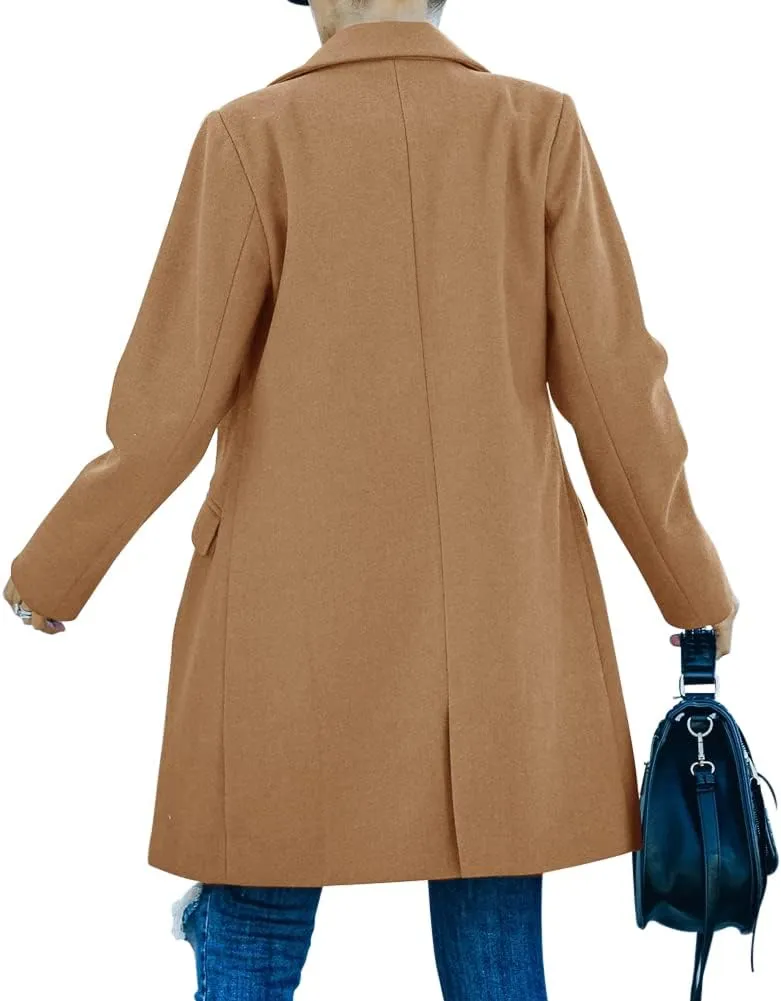 Fazortev Womens Casual Long Sleeve Wool Blend Pea Coat Lapel Notched Collar Warm Midi Jacket Overcoat