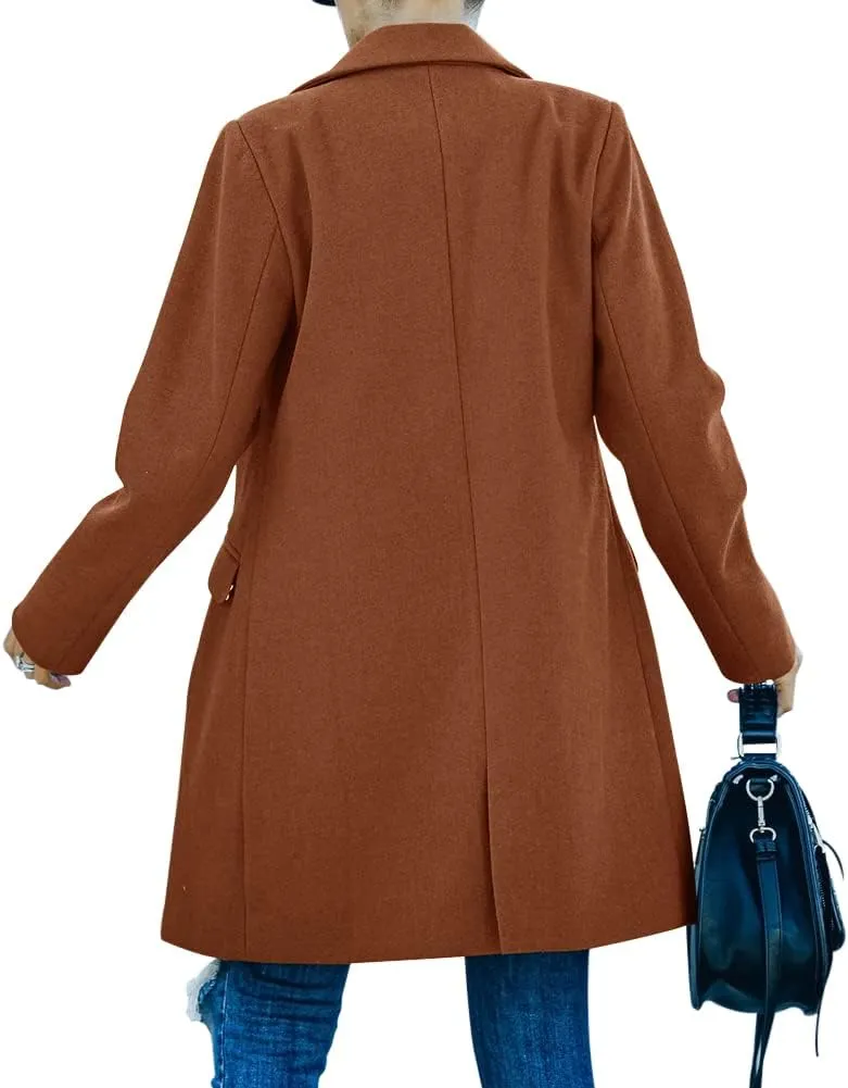 Fazortev Womens Casual Long Sleeve Wool Blend Pea Coat Lapel Notched Collar Warm Midi Jacket Overcoat