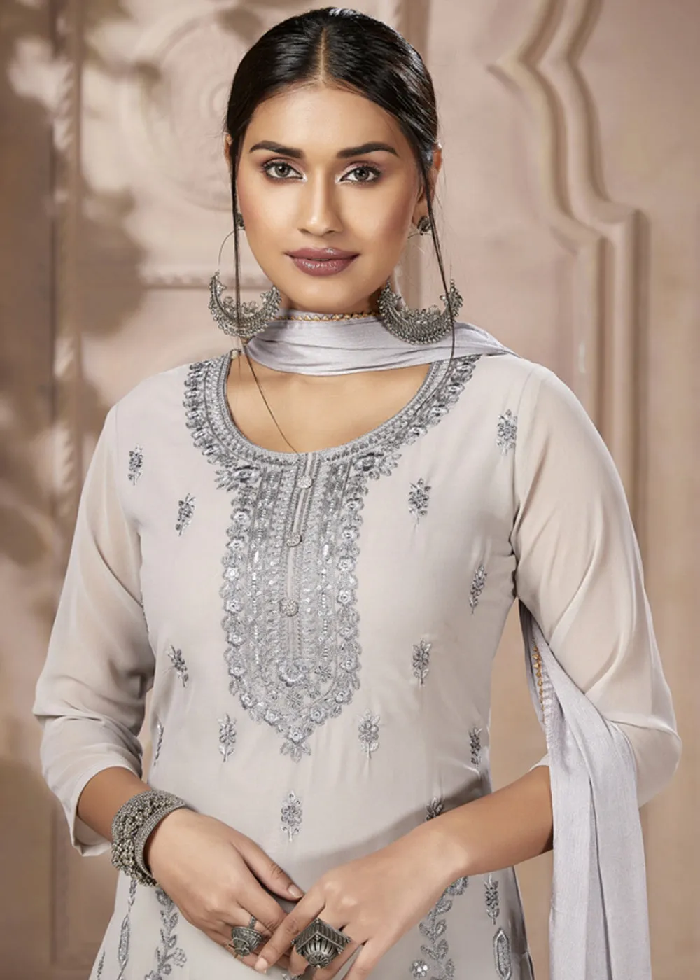 Festive Look Stunning Grey Embroidered Pant Style Salwar Suit