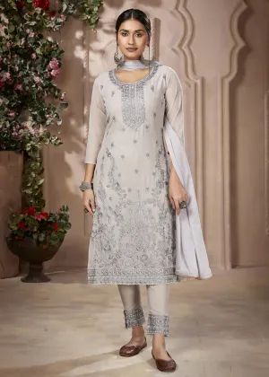 Festive Look Stunning Grey Embroidered Pant Style Salwar Suit