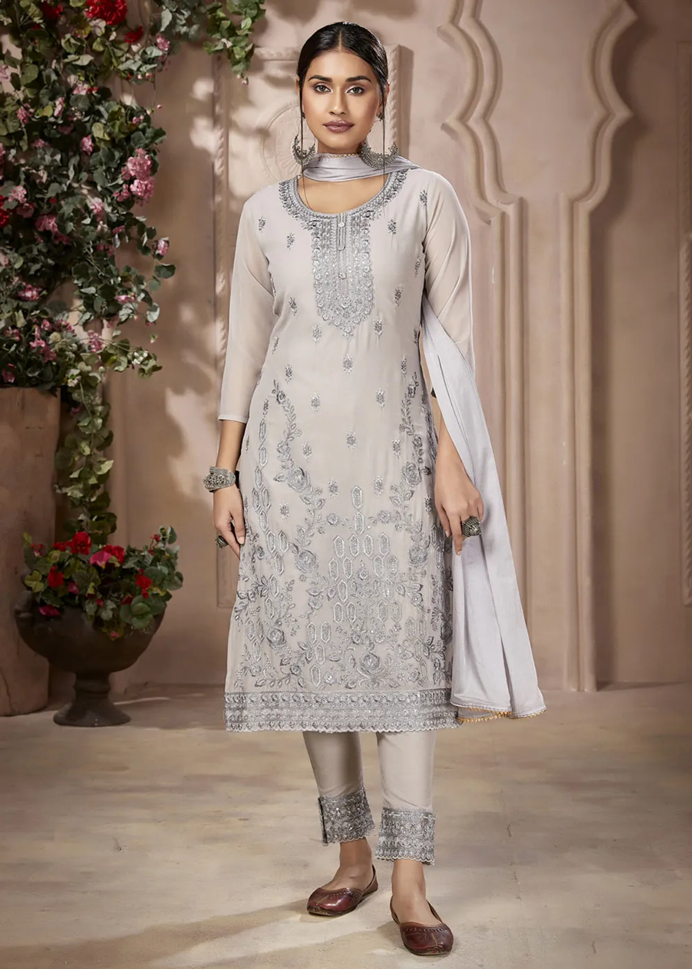Festive Look Stunning Grey Embroidered Pant Style Salwar Suit