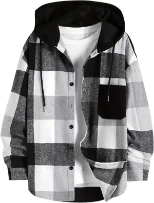 Flannel Hoodie for Men Long Sleeve Casual Button Down Plaid Shirt Lightweight Drawstring Regular Fit Pocket Shirt Jacket