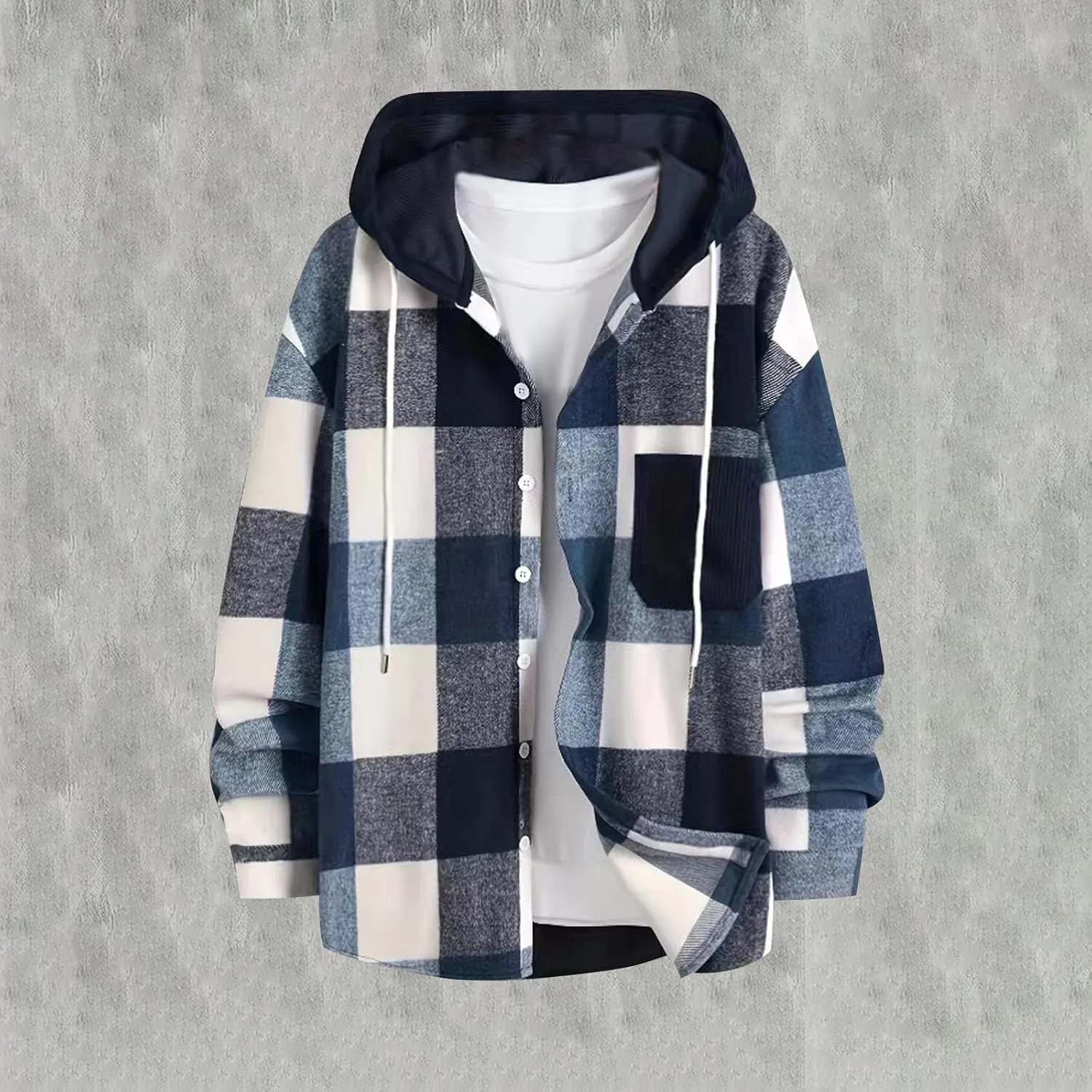 Flannel Hoodie for Men Long Sleeve Casual Button Down Plaid Shirt Lightweight Drawstring Regular Fit Pocket Shirt Jacket