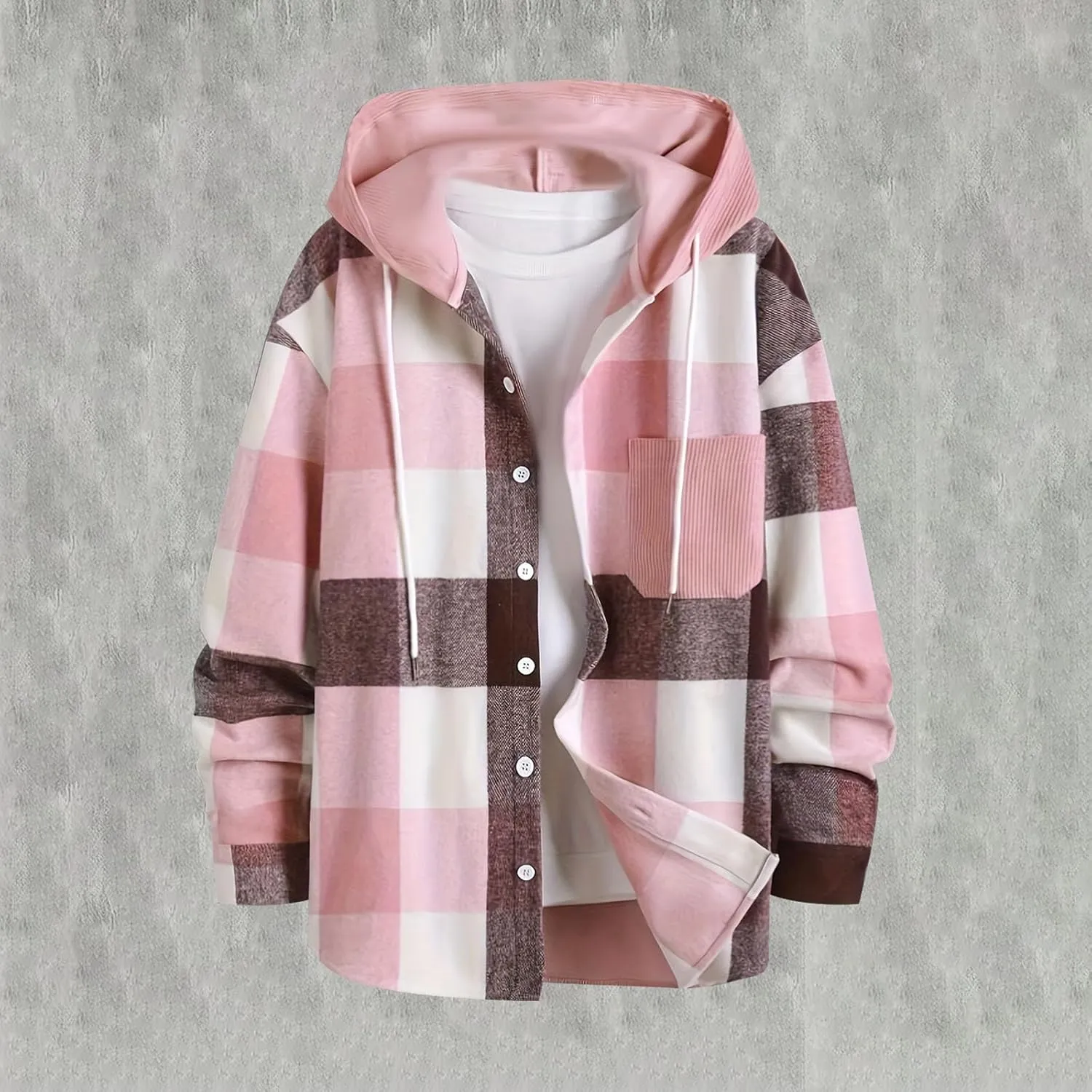 Flannel Hoodie for Men Long Sleeve Casual Button Down Plaid Shirt Lightweight Drawstring Regular Fit Pocket Shirt Jacket