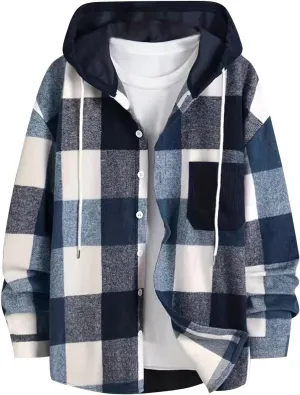 Flannel Hoodie for Men Long Sleeve Casual Button Down Plaid Shirt Lightweight Drawstring Regular Fit Pocket Shirt Jacket