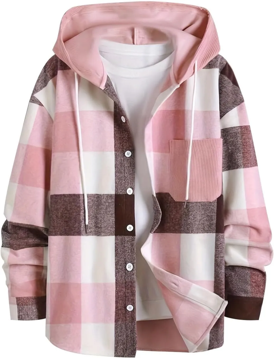 Flannel Hoodie for Men Long Sleeve Casual Button Down Plaid Shirt Lightweight Drawstring Regular Fit Pocket Shirt Jacket