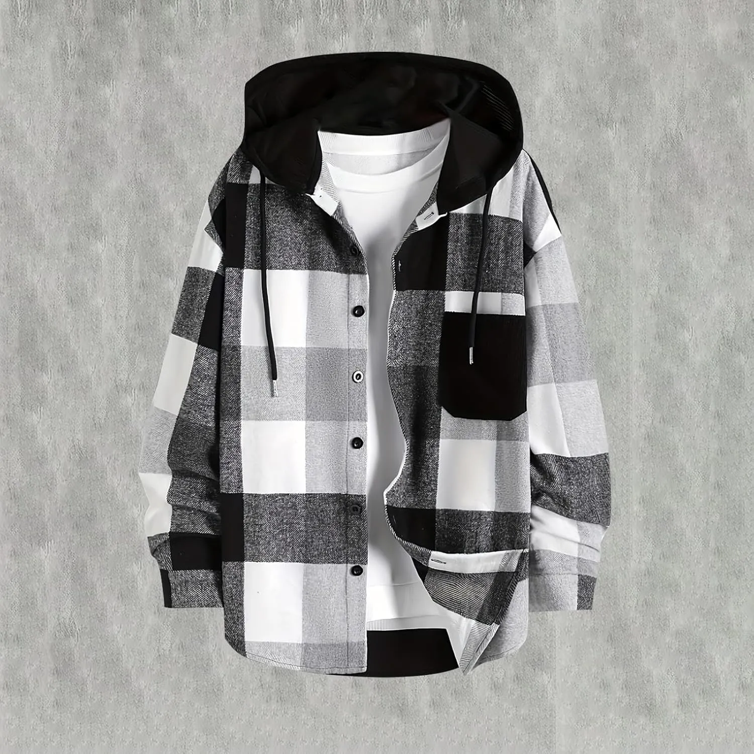 Flannel Hoodie for Men Long Sleeve Casual Button Down Plaid Shirt Lightweight Drawstring Regular Fit Pocket Shirt Jacket