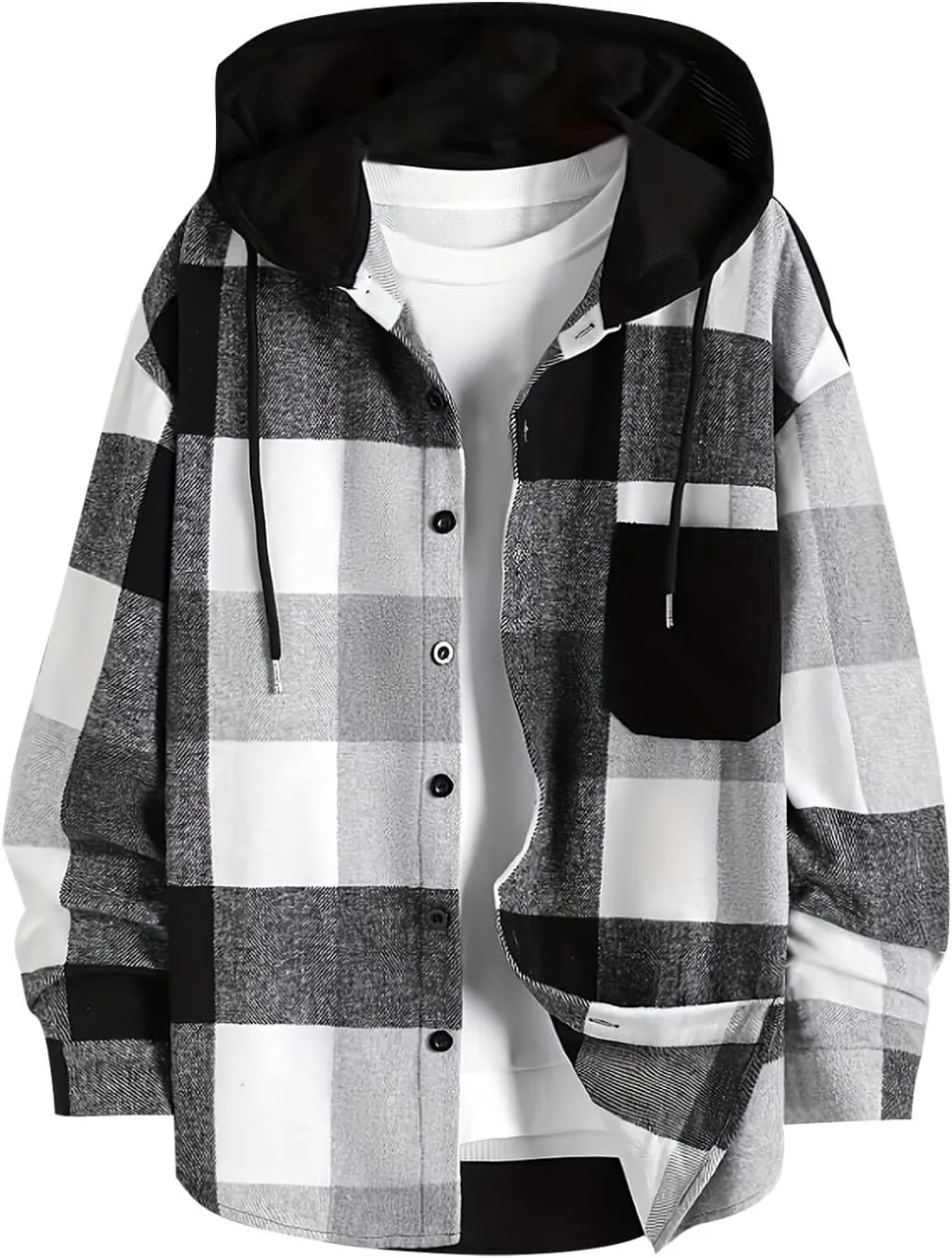 Flannel Hoodie for Men Long Sleeve Casual Button Down Plaid Shirt Lightweight Drawstring Regular Fit Pocket Shirt Jacket