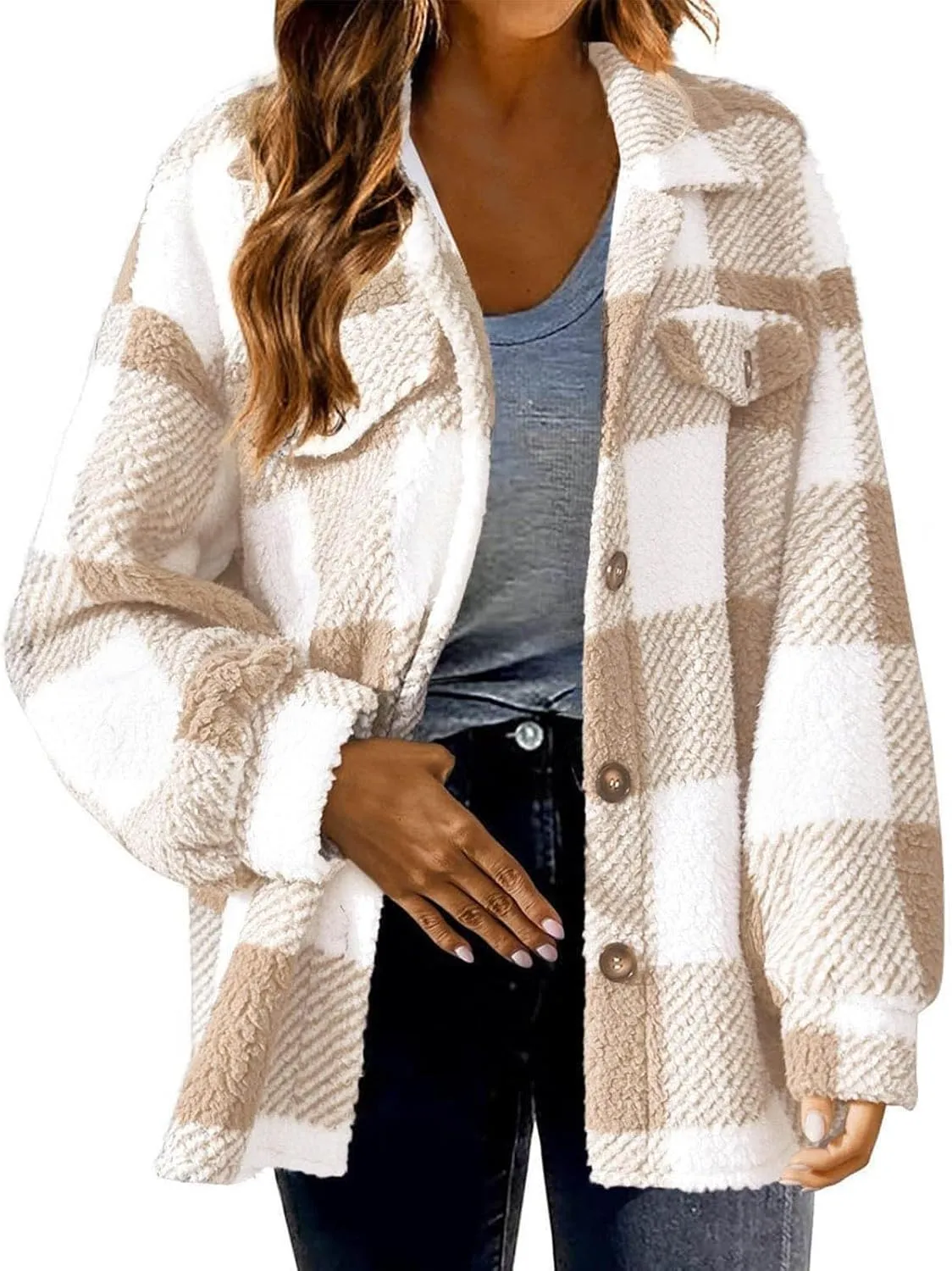 Flannels for Women 2024 Winter Warm Fuzzy Plaid Shirt Jackets Plus Size Button Casual Button Down Loose Trendy