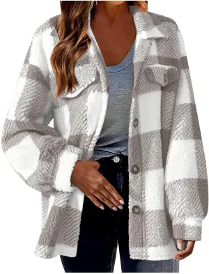 Flannels for Women 2024 Winter Warm Fuzzy Plaid Shirt Jackets Plus Size Button Casual Button Down Loose Trendy