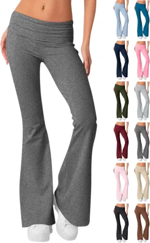 Flare Leggings for Women Low Rise Fold Over Flared Yoga Pants Bootcut Leggings Ladies Comfy Workout Pants