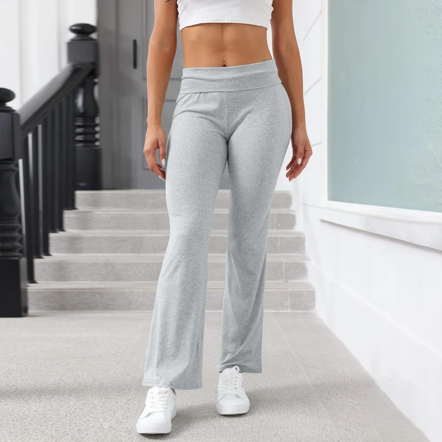 Flare Yoga Pants for Women Fold Over Cotton Stretch Low Rise Elastic Waist Pants Bootcut Leggings Bell Bottoms