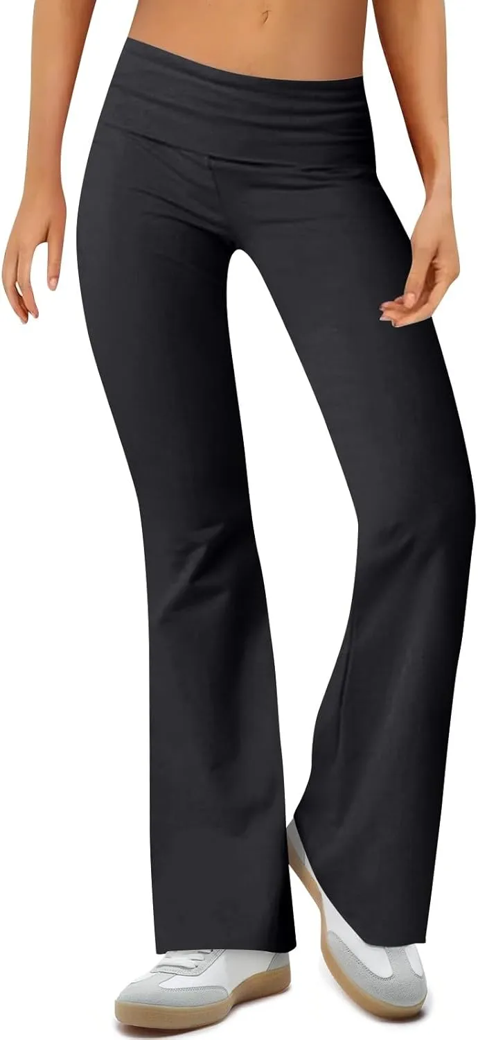 Flare Yoga Pants for Women Fold Over Cotton Stretch Low Rise Elastic Waist Pants Bootcut Leggings Bell Bottoms