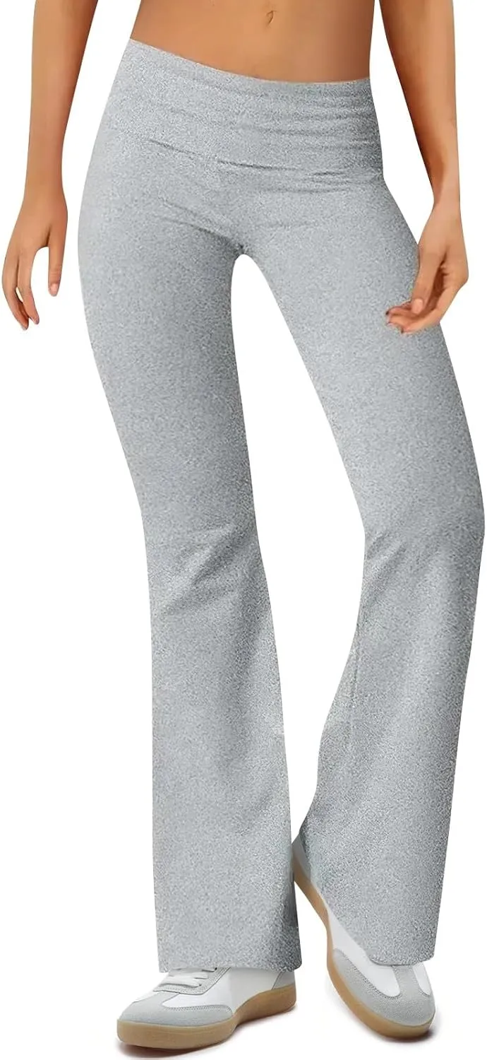 Flare Yoga Pants for Women Fold Over Cotton Stretch Low Rise Elastic Waist Pants Bootcut Leggings Bell Bottoms